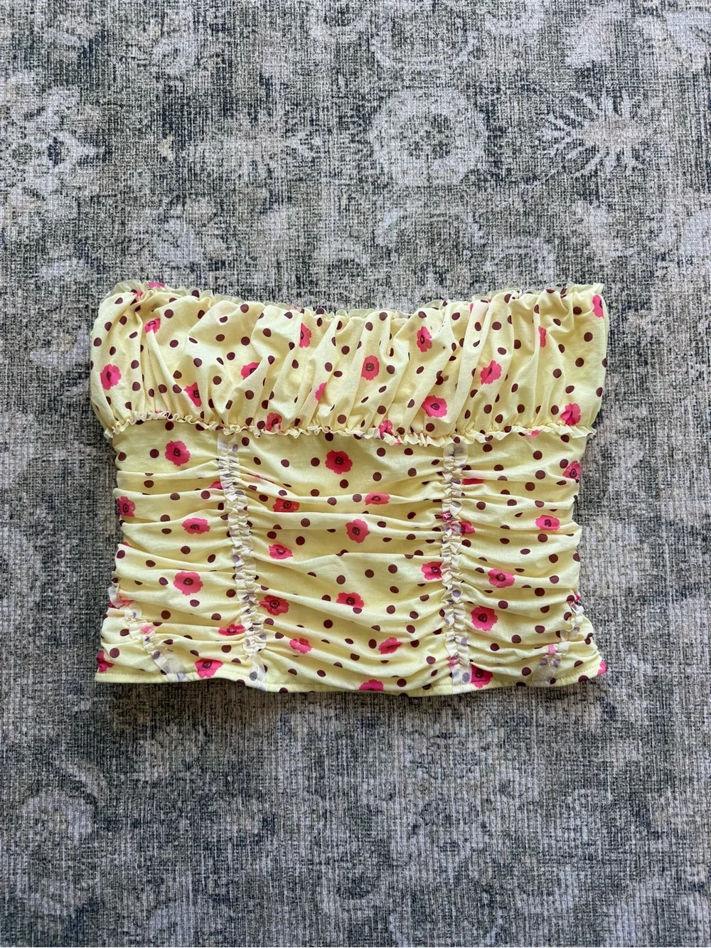 Free People Scottie Yellow Polka Dot Ruffled Tube Top Summer Boho Beach Sz Large